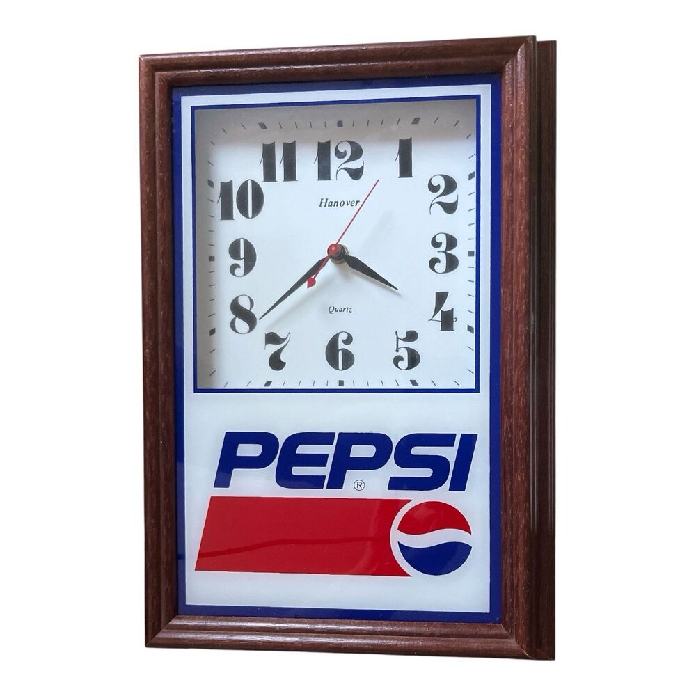 Vintage Pepsi Hanover Quartz Wall Clock Wood Frame Tested and Working 14.5 x 10"
